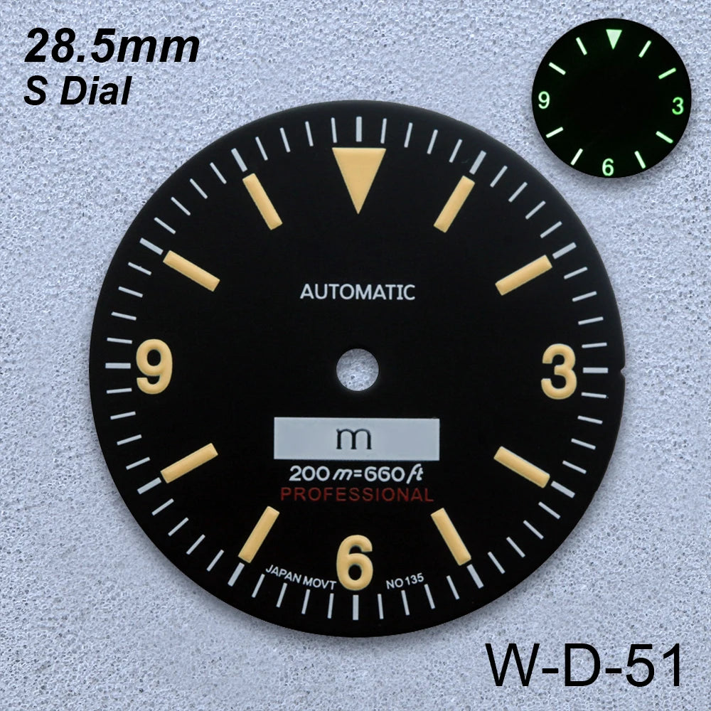 28.5mm S Logo Retro Dial Fit NH35/NH36/4R/7S Japanese Movement Green Luminous Matte High-Quality Watch Modified Accessories