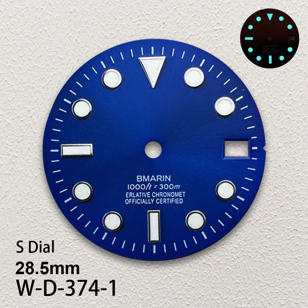 28.5mm S Logo SUB Sunburst Dial Fit NH35/NH36/4R/7S Japanese Movement Ice Blue Luminous Watch Modification Accessories