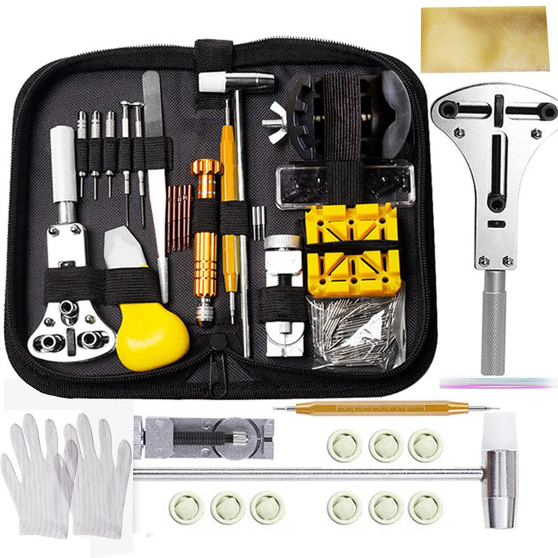 160PCS Watch Repair Tools Kit Clock Watchmaker Link Pin Dissolving Housing Open Remover Battery Replacement Antistatic Glove Set
