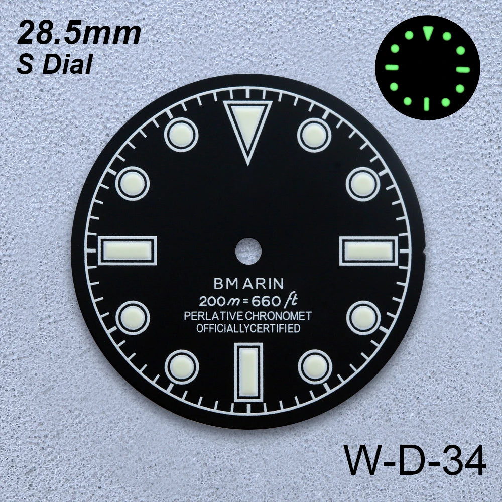 28.5mm S Logo Retro Dial Fit NH35/NH36/4R/7S Japanese Movement Green Luminous Matte High-Quality Watch Modified Accessories
