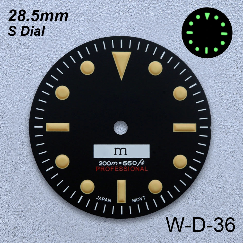 28.5mm S Logo Retro Dial Fit NH35/NH36/4R/7S Japanese Movement Green Luminous Matte High-Quality Watch Modified Accessories