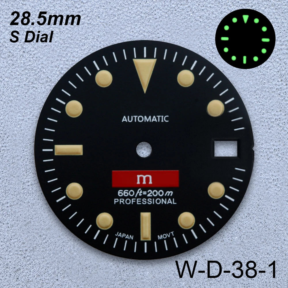 28.5mm S Logo Retro Dial Fit NH35/NH36/4R/7S Japanese Movement Green Luminous Matte High-Quality Watch Modified Accessories