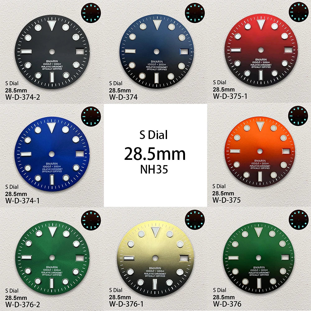28.5mm S Logo SUB Sunburst Dial Fit NH35/NH36/4R/7S Japanese Movement Ice Blue Luminous Watch Modification Accessories