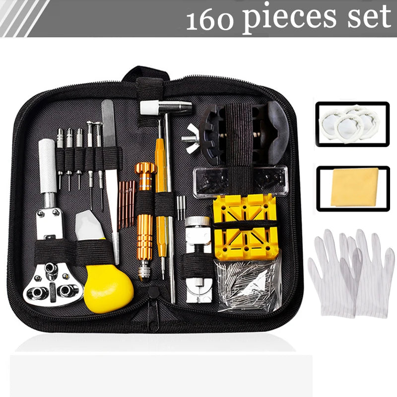 160PCS Watch Repair Tools Kit Clock Watchmaker Link Pin Dissolving Housing Open Remover Battery Replacement Antistatic Glove Set