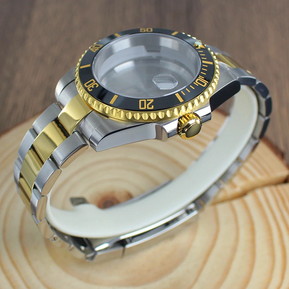 40mm NH35 Watch Case SUB Accessories Sapphire fit for Seiko NH35 NH36 NH38 8215 Eta 2824 PT5000 Sliding Lock Watch Bracelet Gold