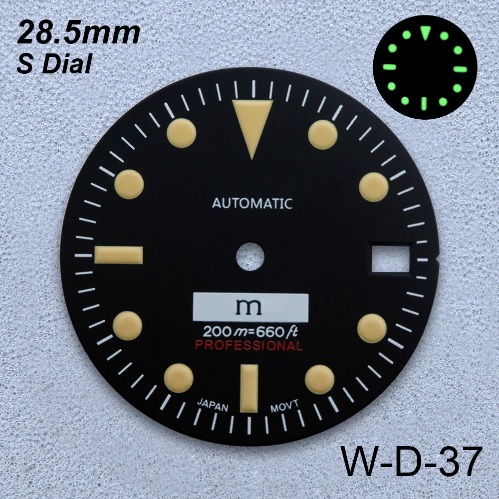 28.5mm S Logo Retro Dial Fit NH35/NH36/4R/7S Japanese Movement Green Luminous Matte High-Quality Watch Modified Accessories