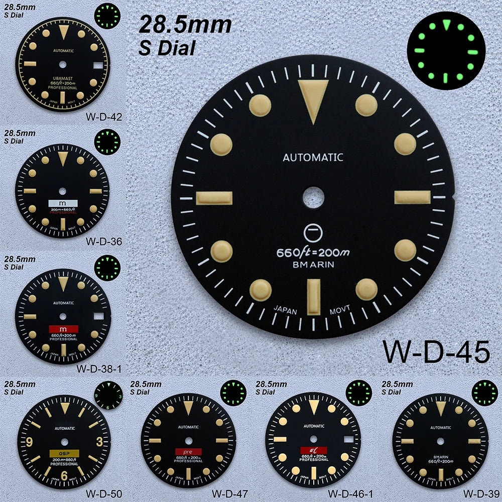 28.5mm S Logo Retro Dial Fit NH35/NH36/4R/7S Japanese Movement Green Luminous Matte High-Quality Watch Modified Accessories