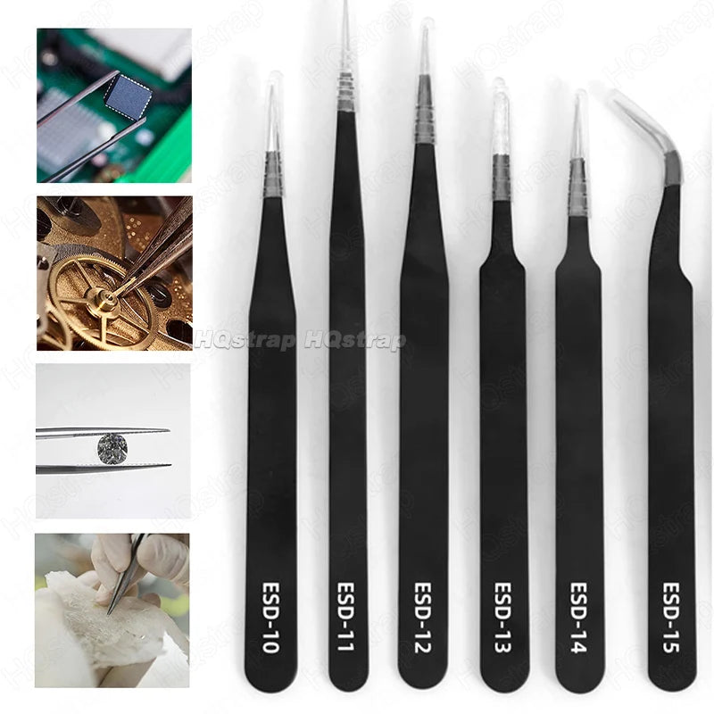 6pcs/set Portable Watch Repair Tools Anti-Static Stainless Steel Tweezers Clamping Tool Straight Bend for Watchmaker Accessories