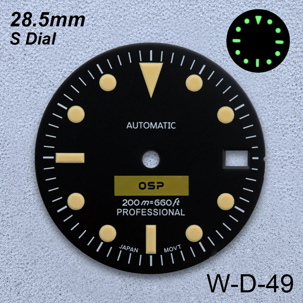 28.5mm S Logo Retro Dial Fit NH35/NH36/4R/7S Japanese Movement Green Luminous Matte High-Quality Watch Modified Accessories