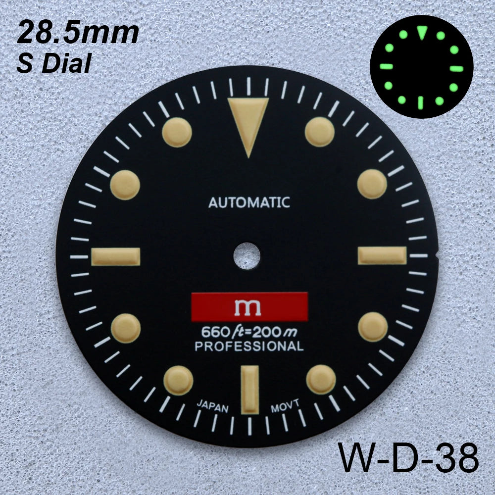 28.5mm S Logo Retro Dial Fit NH35/NH36/4R/7S Japanese Movement Green Luminous Matte High-Quality Watch Modified Accessories